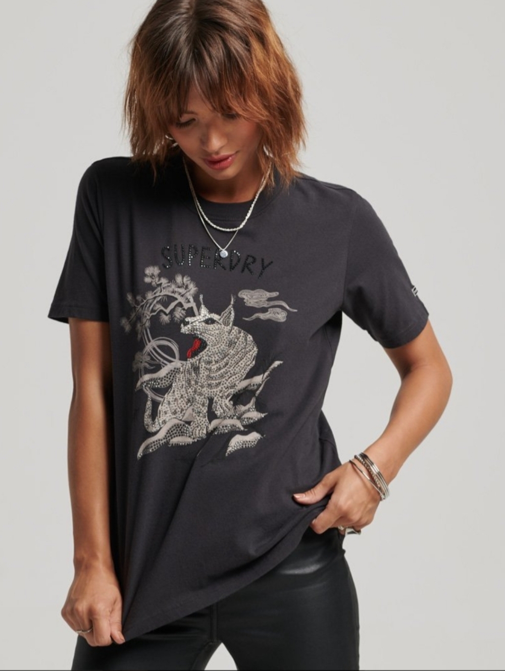 Superdry Black Rhinestone Japanese Graphic Tee Grunge Goth Y2K Streetwear Size 8